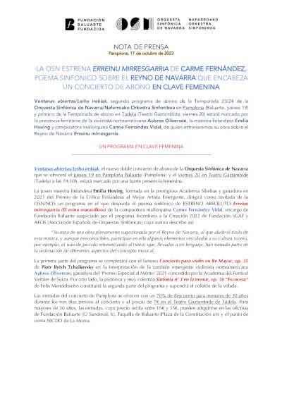 La OSN estrena Erreinu mirresgarria de Cármen Fernández, poema sinfónico sobre el Reyno de Navarra La OSN estrena Erreinu mirresgarria de Cármen Fernández, poema sinfónico sobre el Reyno de Navarra