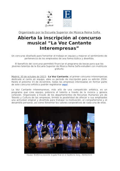Abierta la inscripción al concurso musical “La Voz Cantante Interempresas”