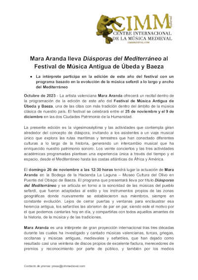 Mara Aranda lleva Diásporas del Mediterráneo al Festival de Música Antigua de Úbeda y Baeza Mara Aranda lleva Diásporas del Mediterráneo al Festival de Música Antigua de Úbeda y Baeza