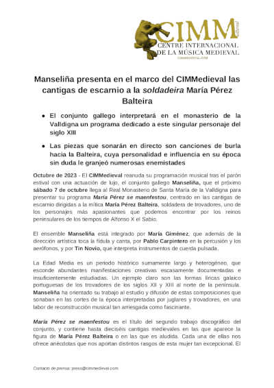 Manseliña presenta en el marco del CIMMedieval las cantigas de escarnio a la soldadeira María Pérez Balteira Manseliña presenta en el marco del CIMMedieval las cantigas de escarnio a la soldadeira María Pérez Balteira