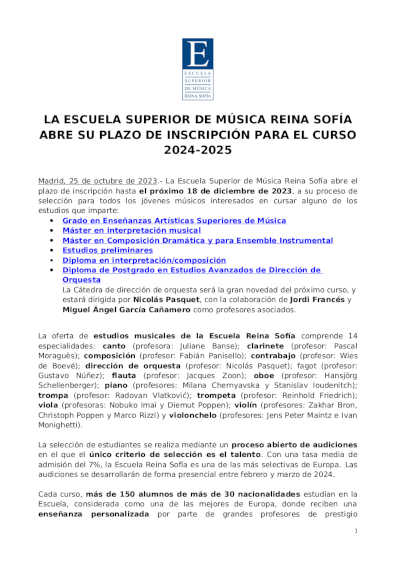La Escuela Superior de Música Reina Sofía abre su plazo de inscripción para el curso 2024/2025 La Escuela Superior de Música Reina Sofía abre su plazo de inscripción para el curso 2024/2025