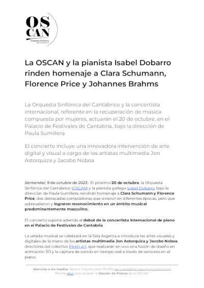 La OSCAN y la pianista Isabel Dobarro rinden homenaje a Clara Schumann, Florence Price y Johannes Brahms