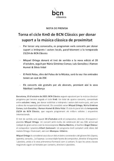 Vuelve el ciclo Km0 de BCN Clàssics para dar soporte a la música clásica de proximidad Vuelve el ciclo Km0 de BCN Clàssics para dar soporte a la música clásica de proximidad