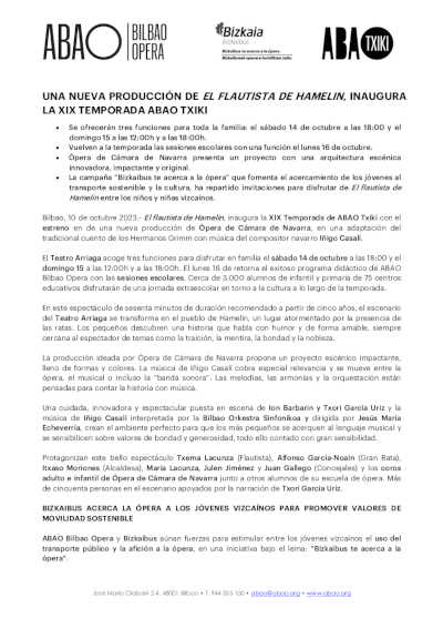 Una nueva producción de El flautista de Hamelin, inaugura la XIX Temporada de ABAO Txiki Una nueva producción de El flautista de Hamelin, inaugura la XIX Temporada de ABAO Txiki