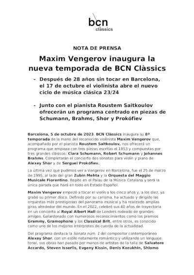 Maxim Vengerov inaugura la nueva temporada de BCN Clàssics