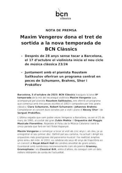 Maxim Vengerov inaugura la nueva temporada de BCN Clàssics