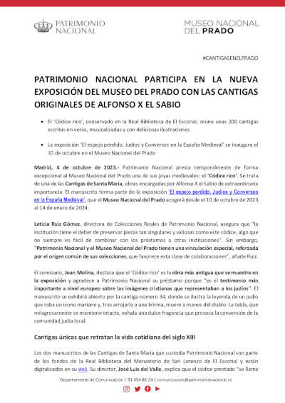 Patrimonio Nacional participa en la nueva exposición del Museo del Prado con las Cantigas de Alfonso X el Sabio
