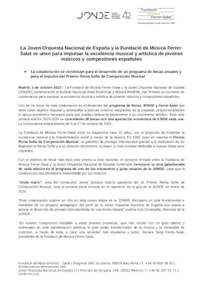Joven Orquesta Nacional de España y Fundació de Música Ferrer-Salat se unen para impulsar excelencia musical y artística