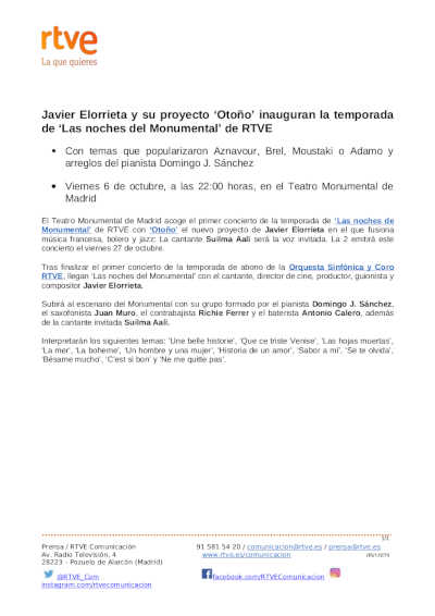 Javier Elorrieta y su proyecto «Otoño» inauguran la temporada de «Las noches del Monumental» de RTVE