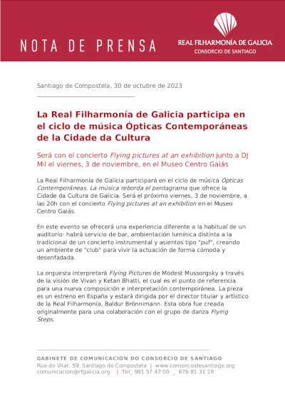 La Real Filharmonía de Galicia participa en el ciclo de música Ópticas Contemporáneas de la Cidade da Cultura
