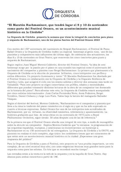 El Maratón Rachmaninov, parte del Festival Orozco, es un acontecimiento musical histórico en la Córdoba