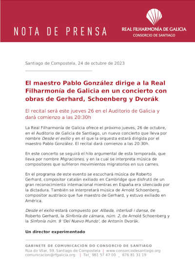 El maestro Pablo González dirige a la Real Filharmonía de Galicia en un concierto con obras de Gerhard, Schoenberg y Dvorák