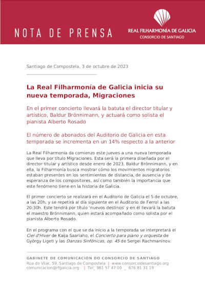 La Real Filharmonía de Galicia inicia su nueva temporada, Migraciones