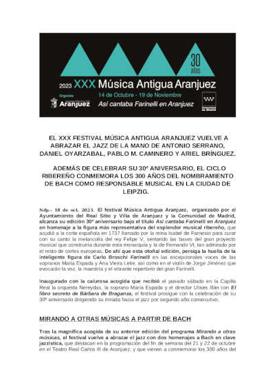 Fin de semana dedicado a Bach y al Jazz en el XXX Festival Música Antigua de Aranjuez