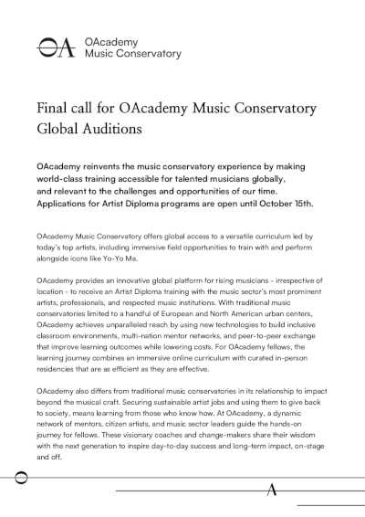 Última llamada para las audiciones de OAcademy Music Conservatory Última llamada para las audiciones de OAcademy Music Conservatory