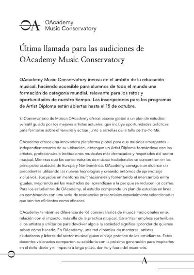 Última llamada para las audiciones de OAcademy Music Conservatory Última llamada para las audiciones de OAcademy Music Conservatory