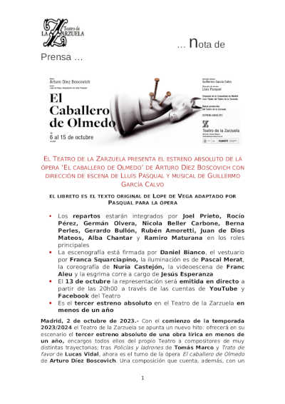 El Teatro de la Zarzuela presenta el estreno absoluto de la ópera «El caballero de Olmedo»