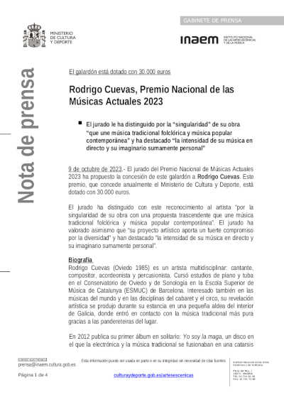 Rodrigo Cuevas, Premio Nacional de las Músicas Actuales 2023