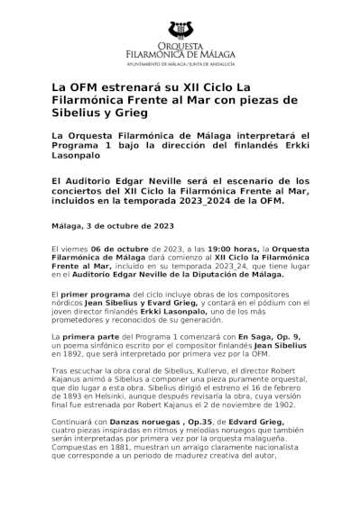 La OFM estrenará su XII Ciclo La Filarmónica Frente al Mar con piezas de Sibelius y Grieg