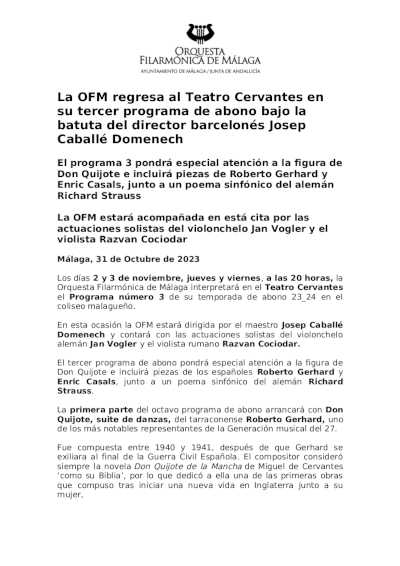 La OFM regresa al Teatro Cervantes en su tercer programa de abono bajo la batuta de Josep Caballé Domenech