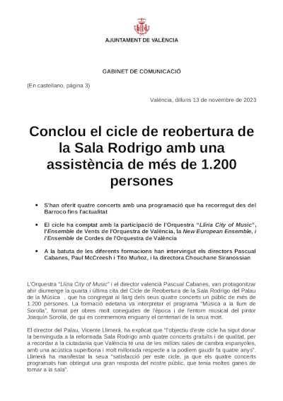 Concluye el ciclo de reapertura de la Sala Rodrigo, que ha registrado una asistencia de más de 1.200 personas Concluye el ciclo de reapertura de la Sala Rodrigo, que ha registrado una asistencia de más de 1.200 personas