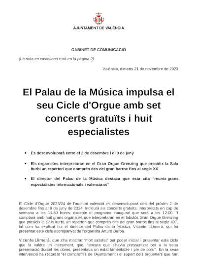 El Palau de la Música impulsa su Ciclo de Órgano con siete conciertos gratuitos y ocho especialistas El Palau de la Música impulsa su Ciclo de Órgano con siete conciertos gratuitos y ocho especialistas