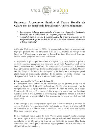 Francesca Aspromonte ilumina el Teatro Rosalía de Castro con un repertorio firmado por Robert Schumann