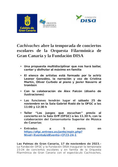 Cachivaches abre la temporada de conciertos en familia de la Orquesta Filarmónica de Gran Canaria y la Fundación DISA