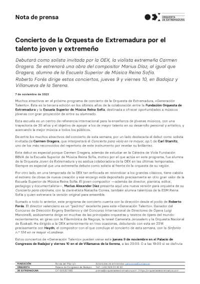 Concierto de la Orquesta de Extremadura por el talento joven y extremeño