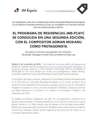 El programa de residencias JME-FCAYC se consolida en una segunda edición, con el compositor Adrian Mokanu El programa de residencias JME-FCAYC se consolida en una segunda edición, con el compositor Adrian Mokanu