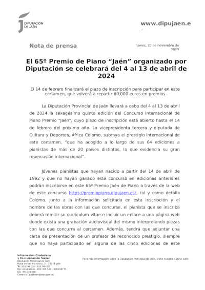 El 65º Premio de Piano “Jaén” organizado por Diputación se celebrará del 4 al 13 de abril de 2024