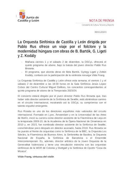 La Orquesta Sinfónica de Castilla y León dirigida por Pablo Rus ofrece un viaje por el folclore y la modernidad húngara