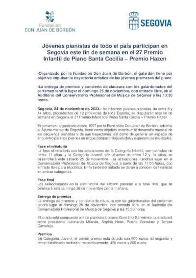 Jóvenes pianistas de todo el país participan en Segovia en el 27 Premio Infantil de Piano Santa Cecilia – Premio Hazen