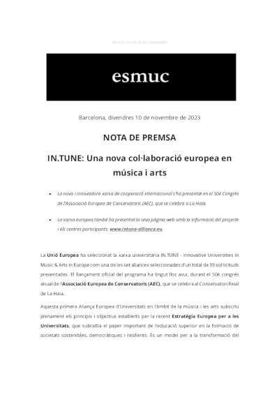 IN.TUNE: Una nueva colaboración europea en música y artes con la participación de la ESMUC