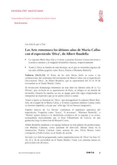 Les Arts rememora los últimos años de Maria Callas con el espectáculo «Diva», de Albert Boadella