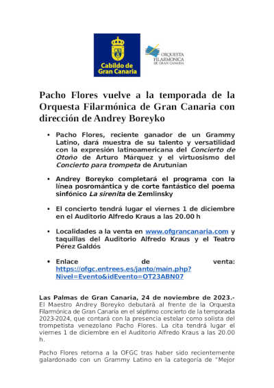 Pacho Flores vuelve a la temporada de la Orquesta Filarmónica de Gran Canaria Pacho Flores vuelve a la temporada de la Orquesta Filarmónica de Gran Canaria
