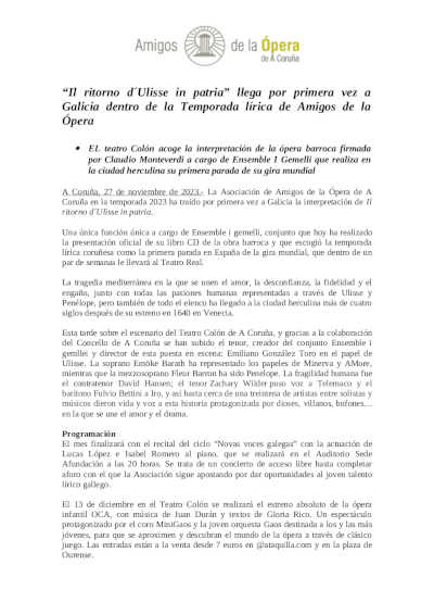 «Il ritorno d´Ulisse in patria» llega por primera vez a Galicia dentro de la Temporada lírica de Amigos de la Ópera