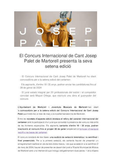 El Concurso Internacional de Canto Josep Palet de Martorell presenta su séptima edición