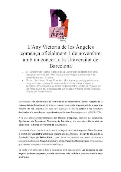 El Año Victoria de los Ángeles comienza oficialmente 1 de noviembre con un concierto en la Universitat de Barcelona