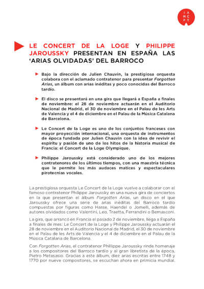 Le Concert de la Loge y Philippe Jaroussky presentan en España las «Arias Olvidadas» del barroco