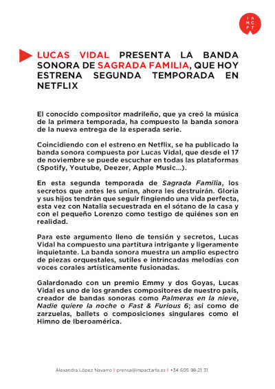 Lucas Vidal presenta la banda sonora de Sagrada Familia, que estrena su segunda temporada en Netflix