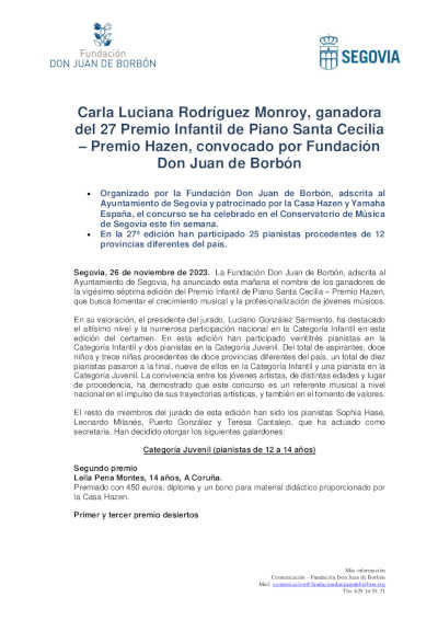 Carla Luciana Rodríguez Monroy, ganadora del 27 Premio Infantil de Piano Santa Cecilia – Premio Hazen