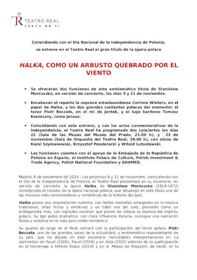 Coincidiendo con el Día Nacional de la independencia polaca, el Teatro Real estrena Halka Coincidiendo con el Día Nacional de la independencia polaca, el Teatro Real estrena Halka
