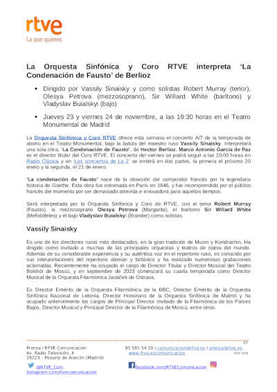 Vassily Sinaisky dirige la Orquesta Sinfónica y Coro RTVE en La Condenación de Fausto, de Berlioz Vassily Sinaisky dirige la Orquesta Sinfónica y Coro RTVE en La Condenación de Fausto, de Berlioz