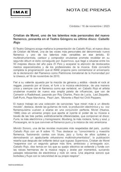 Cristian de Moret, uno de los talentos más personales del nuevo flamenco, presenta su último disco: Caballo Rojo