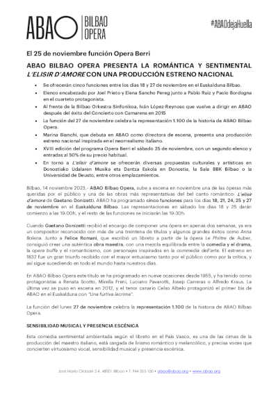 ABAO Bilbao Opera presenta la romántica y sentimental L’Elisir d’amore con una producción de estreno nacional ABAO Bilbao Opera presenta la romántica y sentimental L’Elisir d’amore con una producción de estreno nacional