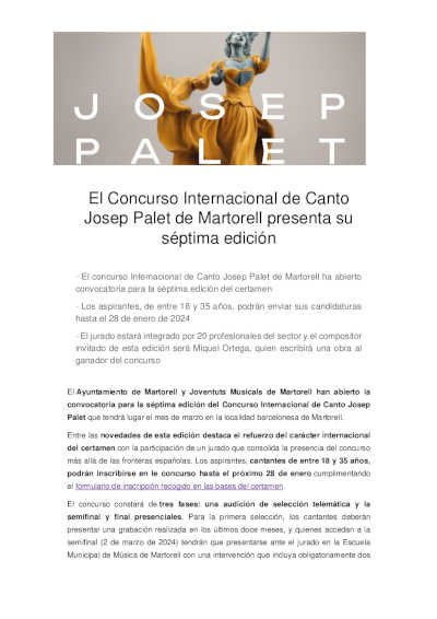 El Concurso Internacional de Canto Josep Palet de Martorell presenta su séptima edición