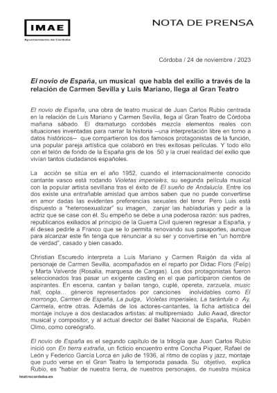 El novio de España, un musical que habla del exilio a través de la relación de Carmen Sevilla y Luis Mariano El novio de España, un musical que habla del exilio a través de la relación de Carmen Sevilla y Luis Mariano