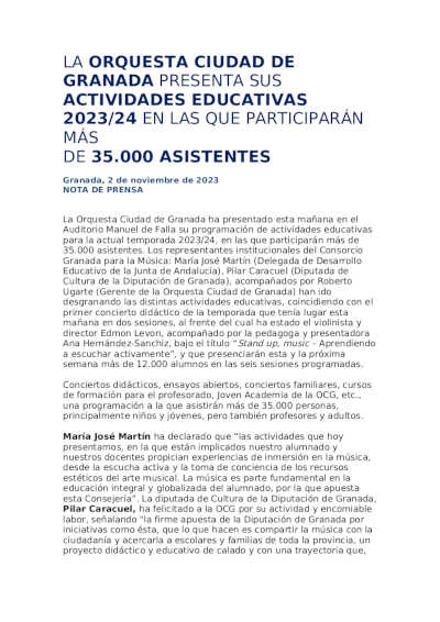 La Orquesta Ciudad de Granada presenta sus actividades educativas 2023 – 2024