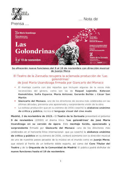 El Teatro de la Zarzuela recupera la aclamada producción de «Las golondrinas» de José María Usandizaga